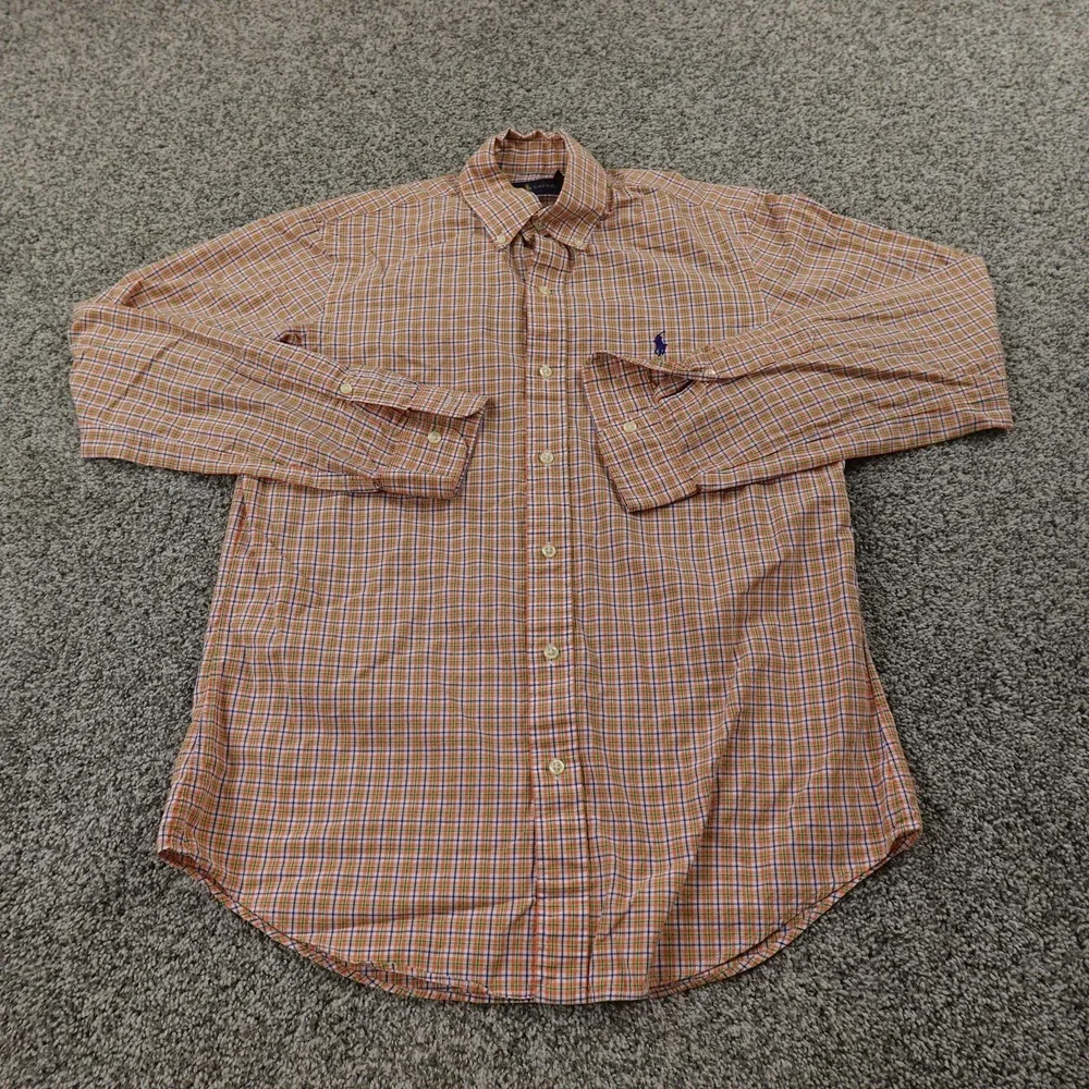 Ralph Lauren Shirt Mens S Orange Green Check Pony Button Up Long Sleeve Preppy‎